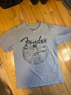 Fender Vitruvian Man Gray Mens Short Sleeve Tee with Black Logo Graphic Da Vinci